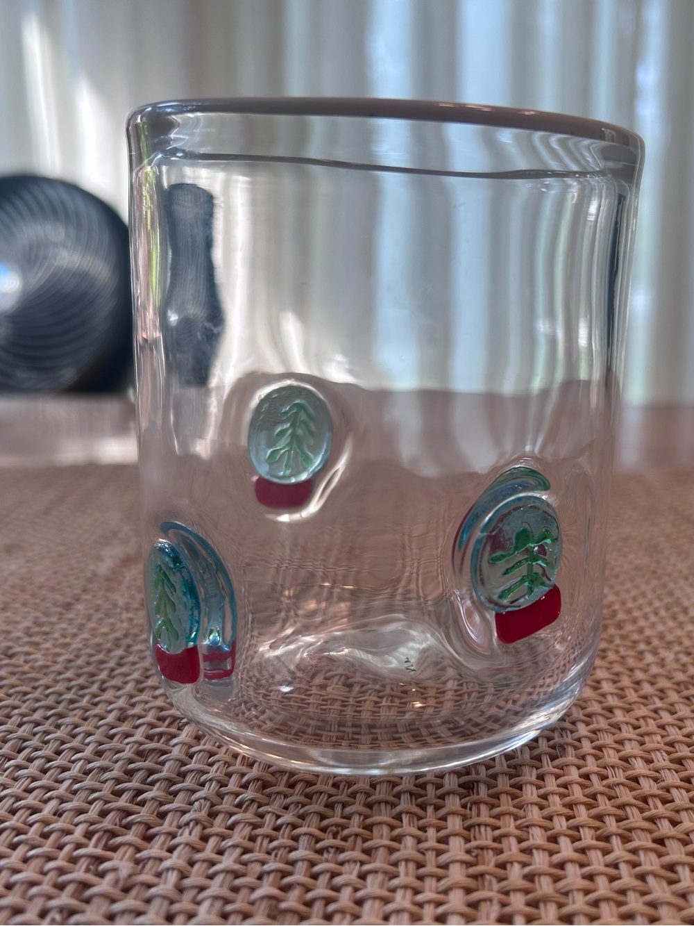 NWT Anthropologie Icon Juice Glass with Green Holiday Snow Globes. 17 oz